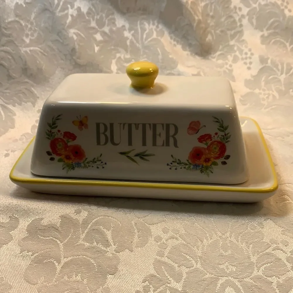 Butter Dish Quarter Pound White Yellow Pink Green Floral Design 7 Inches Long